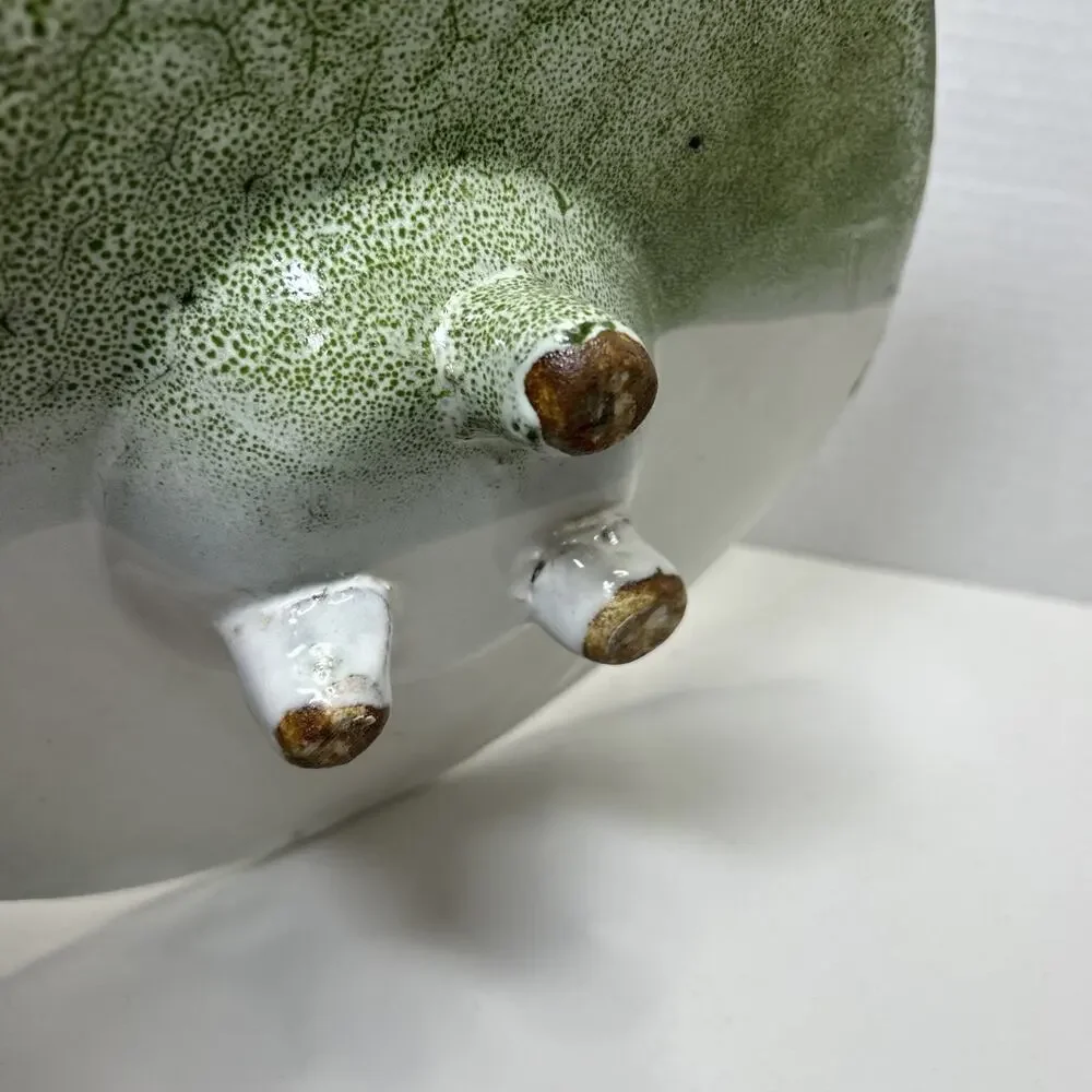 Studio Art Pottery Candle Holder Green White Lava Glaze Centerpiece Footed Sign